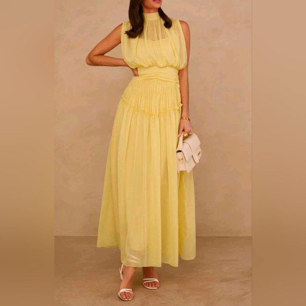 New Flowy Chiffon Smocked Waist Tie Back Halter Midi Dress Yellow